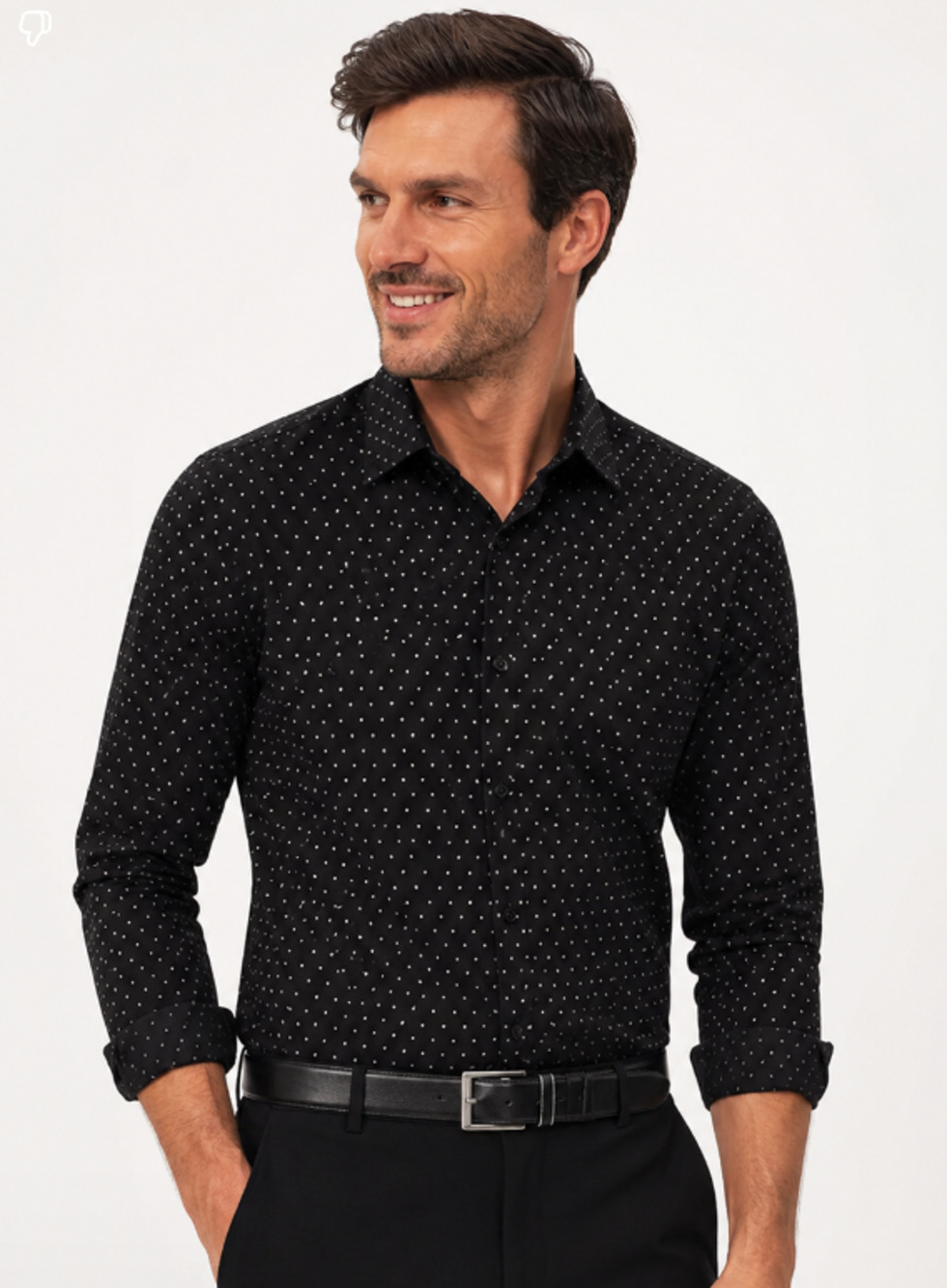 English Laundry Men's Black Long-Sleeve Shirt with Small Print, 100% Cotton, Siz